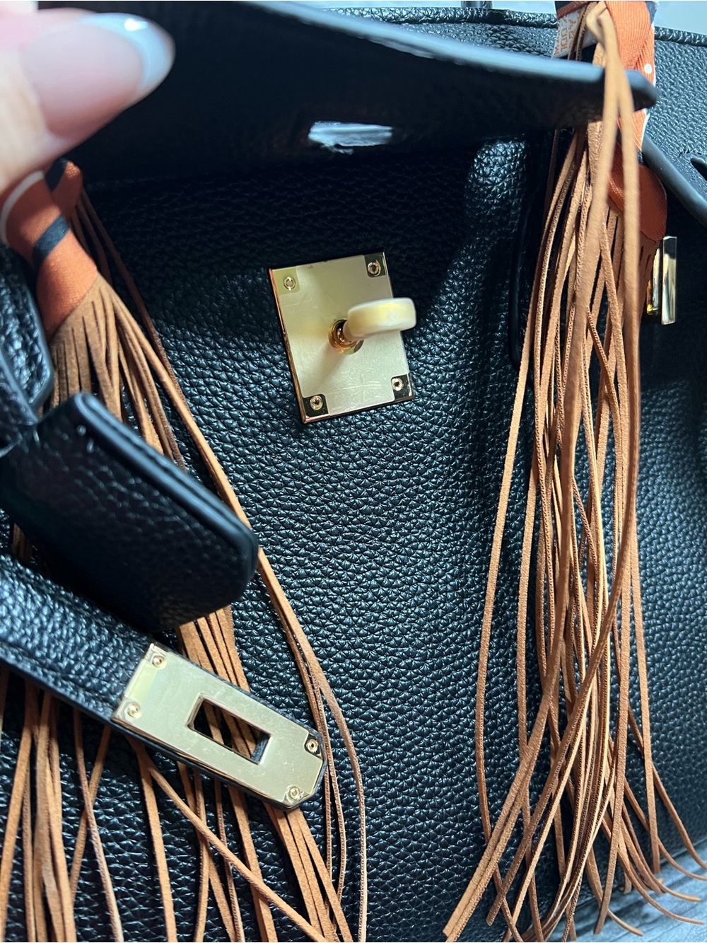 Black Leather Satchel with Orange Fringe and Twill-Handle Wrap - Picture 6 of 6